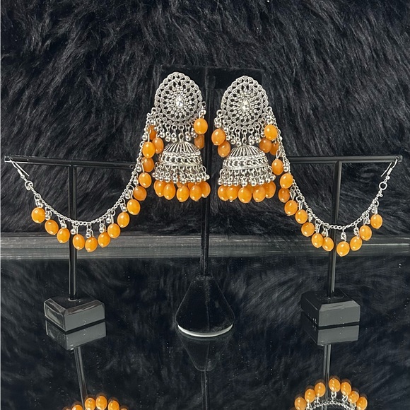 Silver With Peach Pearls Oxidized Jhumkas With Side layers. - Picture 2 of 6